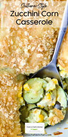 Serving spoon scooping up Zucchini Corn Casserole from white baking dish. Squash Corn Casserole, Zucchini Corn Casserole, Zucchini Chicken, Zucchini Casserole Recipes, Zucchini Corn, Yellow Squash Recipes, Summer Squash Recipes, Squash Casserole Recipes, Veggie Casserole