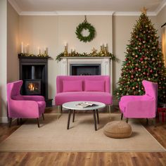 a living room decorated for christmas with pink furniture