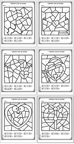 six color by addition worksheets for kindergarten and first grade students. The pages have a Valentine's Day theme Valentine’s Day Crafts First Grade, First Grade February Activities, Valentine’s Day Color By Number, Free First Grade Math Worksheets, Valentines Activities For 1st Grade, Valentine Crafts First Grade, Valentines For Homeschoolers, Color By Addition Worksheets