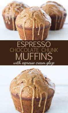 chocolate chunk muffins with espresso cream glaze on top and bottom