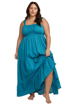 Stroll the shore feeling breezy and confident in this cotton sundress designed with a tiered skirt. Slips on over head Square neck Side-seam pockets 100% cotton Hand wash, dry flat Imported Teal Maxi Dress, Cotton Sundress, Maxi Sundress, Beach Maxi Dress, Beach Wears, Look Stylish, Tiered Skirt, Beach Dress, Resort Wear