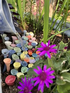 a garden filled with lots of colorful flowers and water pouring from a faucet