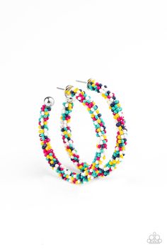 A dainty collection of turquoise, Blue Depths, yellow, Pink Peacock, and white seed beads colorfully adorns a classic hoop for a beautifully beaded look. Earring attaches to a standard post fitting. Hoop measures approximately 2" in diameter.

 Sold as one pair of hoop earrings. Seed Bead Patterns Free, Paparazzi Earrings, Paparazzi Accessories Jewelry, Seed Bead Bracelet Patterns, Pink Peacock, Feeling Pretty, Seed Bead Patterns, Seed Bead Tutorial, Jewelry Styles