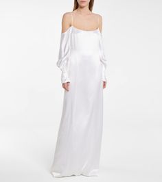 Exclusive to Mytheresa – Bridal Valencia silk satin gown in white Pre-draped Satin Finish Maxi Dress For Wedding, Bias Cut Pre-draped Slip Dress For Wedding, Luxury Wedding Gown With Satin Finish, Silk Gown With Fitted Bodice And Straight Neckline, Silk Evening Gown With Satin Finish, Luxury Wedding Dress With Satin Finish, Luxury Silk Gown With Satin Finish, White Satin Evening Slip Dress, Silk Satin Pre-draped Wedding Dress