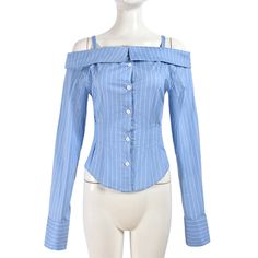 Sexy Women Clothing Shirt Long Sleeve Top off the Shoulder Personality Shirt Women Blue Off Shoulder Button Up Shirt, Cotton Top Patterns, Off The Shoulder Shirt, Shirts Style, Christmas Outfits Women, Off Shoulder Shirt, Top Wedding Dresses, Dress Shirts For Women, Button Top