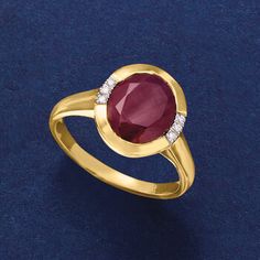 Ross-Simons - 5.00 Carat Ruby Ring Oval Cut with Diamond Accents in 14kt Yellow Gold. Size 5. Add a richness to your look with this fiery 5.00 carat oval ruby. Trios of diamond accents spark each side of the glossy 14kt yellow gold setting. 1/2" wide. Diamond-accented and ruby ring. Ruby birthstones are the perfect gift for July birthdays. Luxury Oval Diamond Ring With Lab-created Ruby, Oval Ruby Ring With Diamond, Oval Cabochon Ruby And Diamond Ring, Formal Yellow Gold Oval Cabochon Diamond Ring, Formal Ruby Ring With Diamond And Oval Cabochon Shape, Formal Ruby Ring With Oval Cabochon Center Stone, Formal Ruby Ring With Oval Cabochon, Formal Oval Cabochon Ruby Ring With Diamond, Lab-created Ruby Ring With Brilliant Cut In Oval Shape