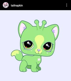 a green cat with big eyes and stars on it's head, sitting down