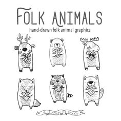 four hand drawn animals with the words folk animals