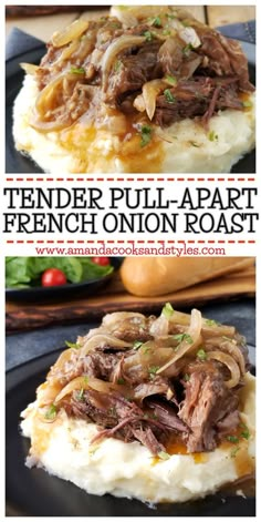 french onion pot roast on top of mashed potatoes