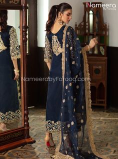 Elegant Pakistani Dress Dark Blue Pakistani Dress, Royal Sets With Zari Work In Traditional Drape, Royal Traditional Wear With Resham Embroidery For Festivals, Unstitched Sets With Gold Embroidery For Eid, Designer Blue Lawn Suit With Intricate Embroidery, Royal Zari Work Sets For Festive Occasions, Unstitched Suit With Gold Embroidery For Designer Wear, Royal Resham Embroidery Festive Sets, Royal Festive Sets With Resham Embroidery