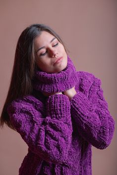 Purple Knit Sweater For Winter, Purple Knit Winter Sweater, Winter Purple Knit Sweater, Cozy Purple Textured Knit Sweater, Purple Long Sleeve Winter Sweater, Purple Knitted Sweater For Fall, Purple Chunky Knit Long Sleeve Sweater, Purple Textured Knit Sweater For Fall, Purple Chunky Knit Sweater For Winter