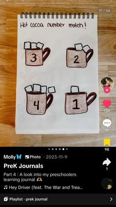 a paper with coffee mugs drawn on it and the numbers 1 - 3 in each