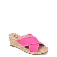 Journee Collection-Shanni Espadrille Sandal Elevate your summer style with the Shanni espadrille sandal from Journee Collection. This slide sandal features textured crisscross straps that are contrasted with espadrille wedge heel. Summer Slip-on Flat Wedge Sandals, Spring Straw Wedge Sandals With Textured Footbed, Slip-on Espadrilles For Vacation, Spring Cushioned Espadrilles, Spring Espadrille Wedge Sandals With Round Toe, Spring Slip-on Flat Wedge Sandals, Spring Espadrille Sandals With Wedge Heel, Casual Closed Toe Wedge Sandals For Spring, Summer Espadrille Wedge Sandals With Textured Footbed