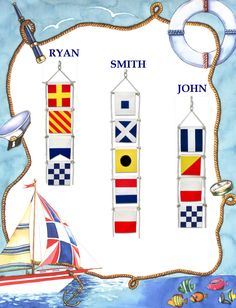 three sailboats with flags hanging from the ropes in front of a white background and blue water