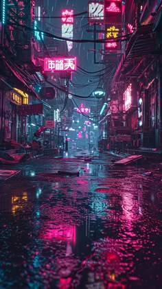 a city street at night with neon signs on the buildings and water puddles all around