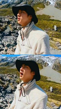 two pictures of a man wearing a hat and white jacket with mountains in the background