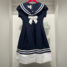 New With Tags Size: 8 1940s Sailor Dress, White Cotton School Dress, White Cotton Dresses For School, Cute Navy School Dress, Summer Short Sleeve School Uniform Dress, Summer School Uniform Dress With Short Sleeves, Cute Blue Dress For School, Cute Blue School Dress, Blue Sailor Cotton Dress