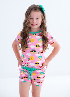 This set effortlessly blends comfort and style with its luxurious blend of bamboo viscose and spandex fabric. Its soft fit is complemented by charming prints, ensuring it will become a beloved favorite. The breathable fabric ensures your little one will stay comfortable all day long! MATERIAL/FEATURES: -95% viscose from bamboo, 5% spandex -made from bamboo viscose not treated with any harsh chemicals -tagless for added comfort -buttery soft and great for sensitive skin -ties are not functional * Playful Printed Cotton Sleepwear, Spring Printed Sleepover Sets, Printed Sets For Spring Sleepover, Spring Printed Sets For Sleepovers, Printed Sets For Spring Sleepovers, Fitted Multicolor Sets For Playtime, Spring Playful Loungewear Sets, Playful Spring Loungewear Sets, Spring Loungewear Sets In Playful Style