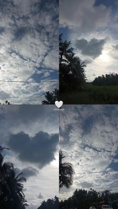 the sky is filled with clouds and palm trees in different stages of being reflected on water