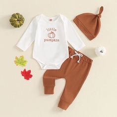 43940741349562|43940741382330|43940741415098 Cute White Sets For Fall, Fitted Cotton Set For Fall, Cotton Sets For Playtime In Fall, Outfit With Beanie, Baby Boys Outfit, Summer Outfit Accessories, Embroidered Onesie, Pumpkin Embroidery, Beanie Outfit