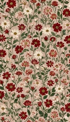 a floral pattern with red, white and green flowers