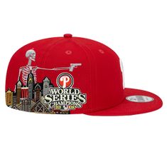 a red snapback hat with a skeleton on it and the words world series champs