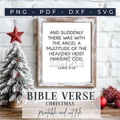 the bible verse christmas tree is displayed next to a white brick wall with red ornaments