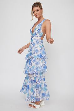 Veda Strappy Back Ruffle Midi Dress Floral Blue Sun Dresses Long, Long Sundresses, Sun Clothes, Foolish One, Blue Selfie, Light Blue Floral Dress, Floral Dress Wedding Guest, Blue And White Floral Dress, Blue Ruffle Dress