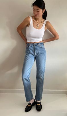 Vintage 100% cotton denim Levis 501 jeans. Featuring boyfriend fit, button fly, high rise, soft faded medium wash patina and classic timeless style and fit. Levis 501-0193 for Women made in USA - tagged size 30 x 32 Measured: Waist 28. Rise 12. Hips 42. Inseam 31.5. Flat at thigh 11.5. Flat at ankle 7.5. Model is 5'10 size 2/4 Condition: no holes or tears with light stain on left knee at light fray at inner thigh sh 1 Levis 501 Jeans, Timeless Classic Style, Vintage Levis 501, Black Aviators, Faded Jeans, Neon Purple, Vintage Studio, 501 Jeans, Fly High