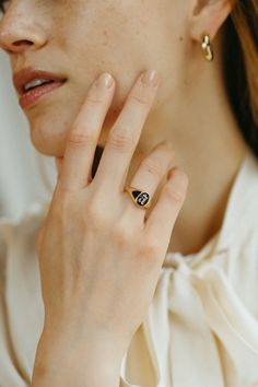 A piece perfect for remembering, celebrating, or having your own little secret 😏 Marrow Fine, Initial Ring, Original Jewelry, Tourmaline Ring, Ring Sizer, Unique Engagement, Enamel Jewelry, Unique Engagement Rings, Black Enamel