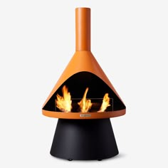 an orange and black stove with flames in it