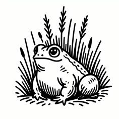 a frog sitting in the grass with its eyes open and it's legs crossed