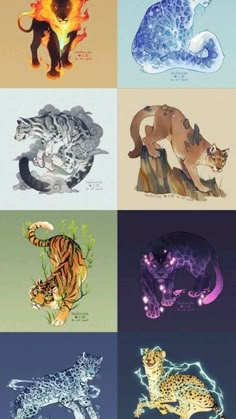 four different types of animals are shown in this image, each with their own color scheme