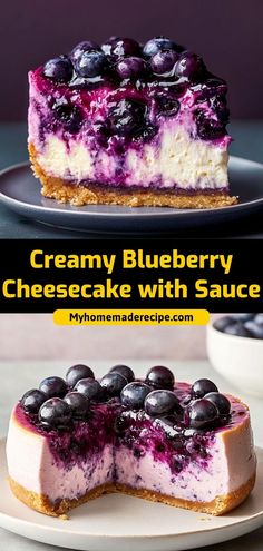 blueberry cheesecake with sauce is on a plate next to the rest of the cake