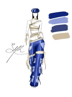 a drawing of a woman in blue pants and heels with a hat on her head