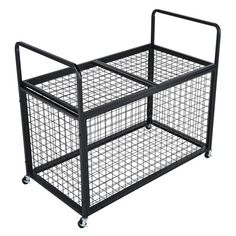 a black metal cage with wheels on white background