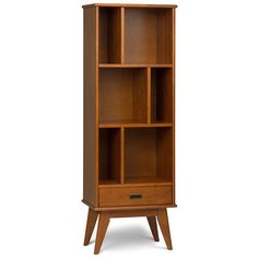 Allora - Bookcases - A51451790376 - Display your favorite books and keepsakes in the mid century bookcase with storage. This piece is crafted from solid hardwood and combines a mid-century modern design with function. The mid century bookcase with storage features six shelves and a drawer providing the ultimate solution for all your storage needs. Tapered legs and a warm toned teak brown finish delivers a clean lined, contemporary feel to your living room, family room or home office.Finish: Teak Brown; Material: Rubberwood, Plywood; Six shelving compartments and a drawer for storage; Recessed drawer pulls in an Antique Brass hardware finish; Mid Century Modern design with tapered legs; Handcrafted using the finest quality solid rubberwood; Protective NC lacquer coating; Efforts are made to Mid Century Bookshelf, Mid Century Modern Bookcase, Brown Bookcase, Mid Century Storage, Mid Century Bookcase, Modern Bookcases, Wide Bookcase, Bookcase With Drawers, Bookcase Styling