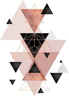 an art print with geometric shapes in pink, black and gold colors on a white background