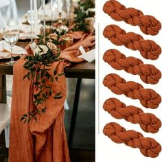 the table is set with orange linens and place settings for an elegant dinner party