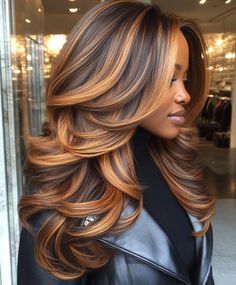 Lovely Warm Brown Layered Curls Fall Hair Colors Dark Skin Brown Blonde And Chocolate Highlights, Human Hair Wigs For Black Women, Curled Hair Ideas, 2 Hairstyles, Color For Black Hair, Layered Curls, Autumn Hair, African American Hair