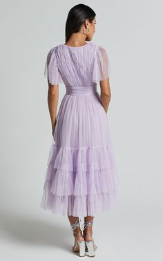 Jiraye Midi Dress - Flutter Sleeve Tuelle Plunge Dress in Lilac | Showpo USA Modest Lavender Dress, Elegant Lavender A-line Dress, Lavender V-neck Dress For Formal Occasions, Purple A-line Summer Evening Dress, Purple A-line Evening Dress For Summer, Lavender Evening Dress For Spring Prom, Purple A-line Midi Dress For Wedding, Elegant Lavender Tiered Dress, Elegant Tiered Lavender Dress