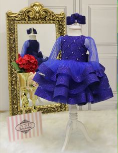 Dark Blue Birthday Dress, Blue Birthday Dress, Royal Blue Girls Dress, Dress For Special Occasion, African Party Dresses, Royal Blue Dress, Kids Couture, Shiny Fabric, Blue Birthday