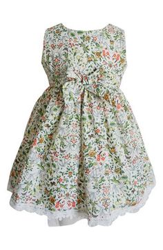 Summery blooms and butterflies cover a sleeveless cotton dress for baby that's cinched with a neat bow and edged with sweet lace at the hem. Cotton lining 100% cotton Hand wash, dry flat Imported Cotton Day Dresses With Bow, White Sleeveless Dress With Bow Print, Summer Cotton Dresses With Bow Print, Cotton Summer Dresses With Bow Print, Summer Cotton Dress With Bow Print, Sleeveless Cotton Dress With Bow, Spring Garden Party Dresses With Bow, Spring Cotton Sleeveless Dress With Lace Trim, White Floral Print Sleeveless Cotton Dress