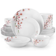 PRICES MAY VARY. 【Elegant Floral Design】This 24-piece ceramic dinnerware set features a sophisticated floral pattern, perfect for upgrading your kitchen decor and table setting. Suitable for both casual and formal dining 【Dishes Set Service for 6】 Includes 6 large dinner plates (10.5"), 6 dessert plates (8"), 6 pasta bowls and 6 versatile bowls (24oz). Ideal for family meals, parties, and everyday use 【High-Quality Ceramic】Crafted from durable porcelain that ensures lasting use while maintaining the set's elegant appearance over time 【Microwave & Dishwasher Safe】Convenient and practical, this dinner set is safe to use in the microwave for quick reheating and easy to clean in the dishwasher 【Space-Saving Design】All pieces of dish set are stackable, helping you save valuable cabinet space an Dining Ware, Plates And Bowls Set, Ceramic Dinnerware Set, Ceramic Dinnerware, Porcelain Dinnerware, Cabinet Space, Dinner Set, Classic Dishes, Pasta Bowls