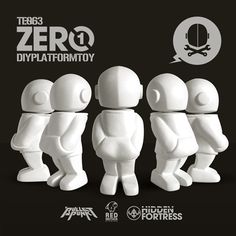 three white plastic figurines standing in front of a black background with the words zero di