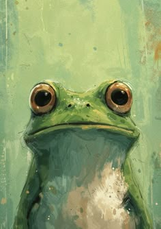 a painting of a frog with large eyes and big brown ears, sitting on a green background