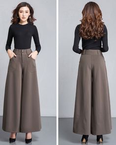 * A wide leg skirt shaped pants, made of quality cotton blends, very smooth and comfortable. * With two pockets, they are big enough for your hands. * A-line shape, make you look more taller and thinner. * Material: 92% polyester, 8% spandex * Let us know your usual size in your country and your overall height. * Can custom make waist size and length. * Size: True to US size, US 0-US 20 are available, you can let us know your usual size and height in your order. * Shipping: Free shipping Process Elegant Flared Bottoms With Pockets, Brown Wide Leg Pants With Side Pockets, Wide Leg Pants With Loosely Fitted Hips, Fall Cotton Wide Leg Pants Full Length, Casual Wide Hem Bottoms For Work, Casual Flare Wide Leg Pants With Pockets, Fall Cotton Wide Leg Full Length Pants, Casual Workwear Bottoms With Wide Hem, Brown Wide Leg Harem Pants With Side Pockets