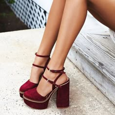 Elevate your style with FSJ's Maroon Vegan Suede Ankle Strap Platform Pumps. These chic pumps feature chunky heels and ankle strap design for comfort and a bold statement, perfect for any occasion. Color: Maroon Material: Vegan suede Heel Type: Chunky heel Heel Height: 5.5" / 140 mm approx Product measurements were taken using size 8. Please note that measurements may vary by size. Toe: Round toe With platform Adjustable ankle strap design Handcrafted US sizing. Fits true to size. Ankle Strap Chunky Heels, Ankle Strap Shoes, Platform Heels Chunky, If The Shoe Fits, Crazy Shoes, Shoe Fits, Shoe Obsession, Platform Pumps, Beautiful Shoes