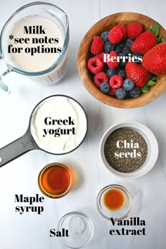 ingredients to make yogurt for breakfast including berries, chia seeds, maple syrup and more