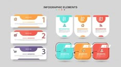 info graphic elements with different colors and numbers on the top, bottom and bottom half